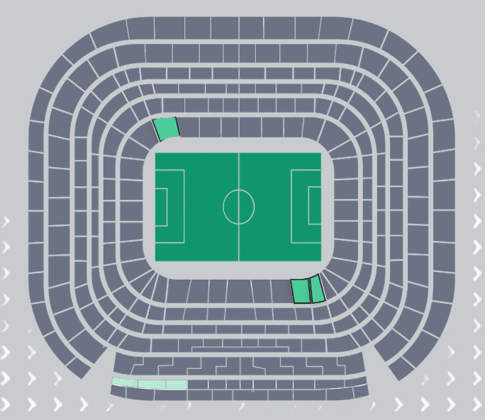 Plano del Santiago Bernabéu con la zona Silver Club Grada marcada en verde