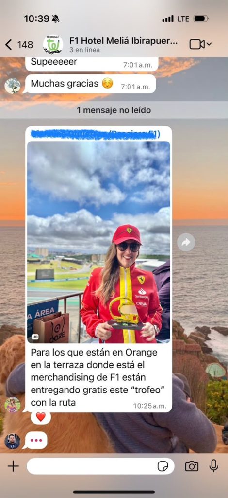 Mensaje en el grupo de WhatsApp de los pasajeros del viaje a la Fórmula 1 en São Paulo.